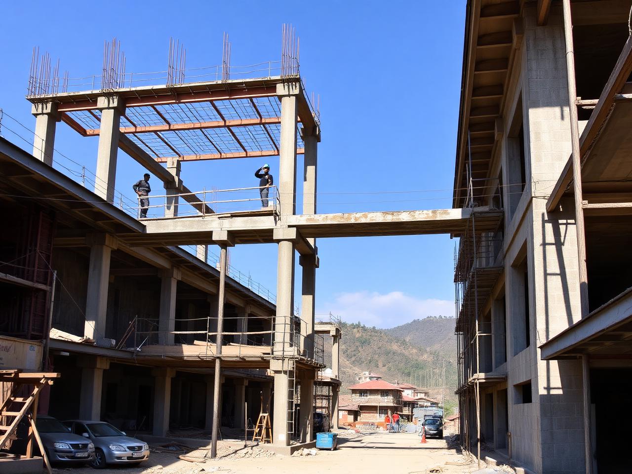 Reinforced concrete institutional building under construction in a Nepalese hill town