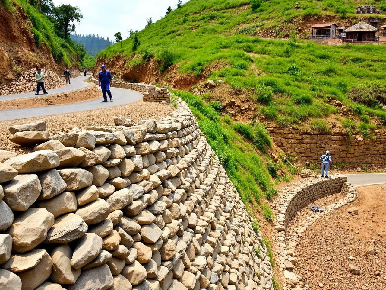 Stone masonry retaining wall and drainage works beside a rural road