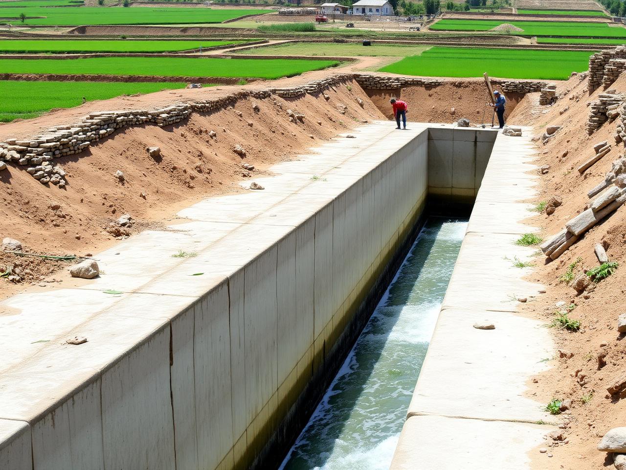 Concrete-lined irrigation canal carrying water beside farmland in Nepal