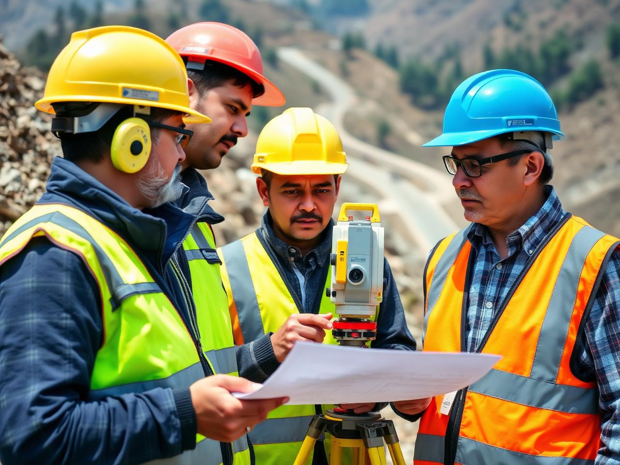 Engineers using survey equipment at a construction site in Nepal