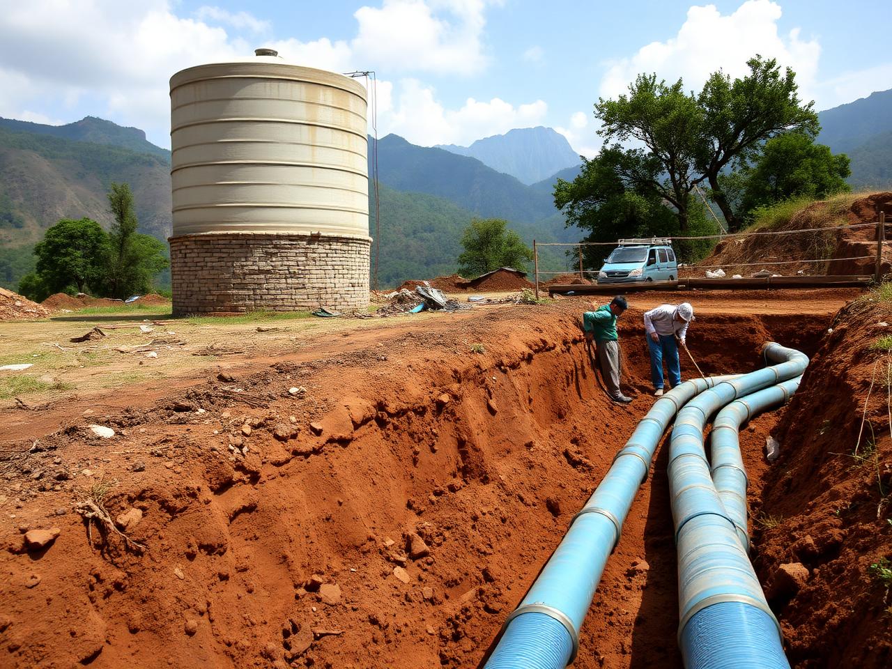 Overhead water tank and water supply pipelines being laid in a trench